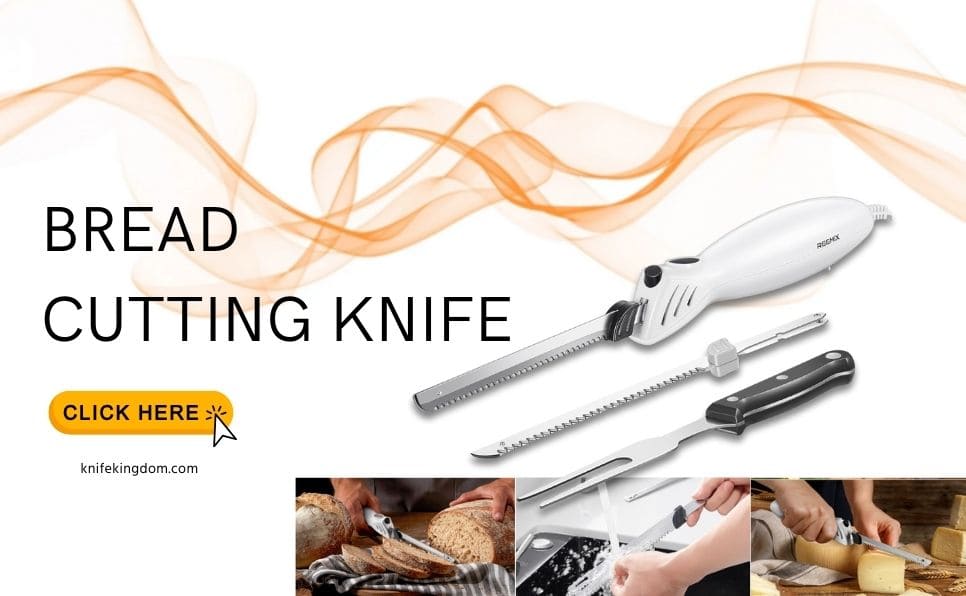 A bread cutting knife placed beside various types of bread, including baguette, sourdough, and whole grain.