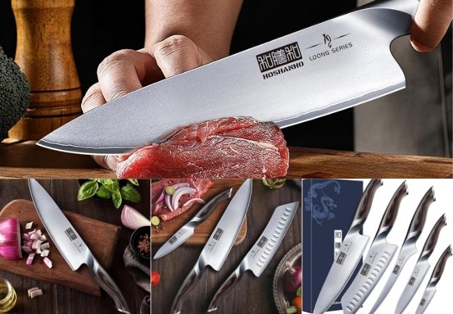 A person uses a knife to slice meat, demonstrating the effectiveness of a premium knife set.