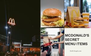 A collection of McDonald's secret menu items displayed on a table, showcasing unique burgers and drinks.