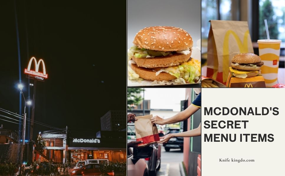 A collection of McDonald's secret menu items displayed on a table, showcasing unique burgers and drinks.